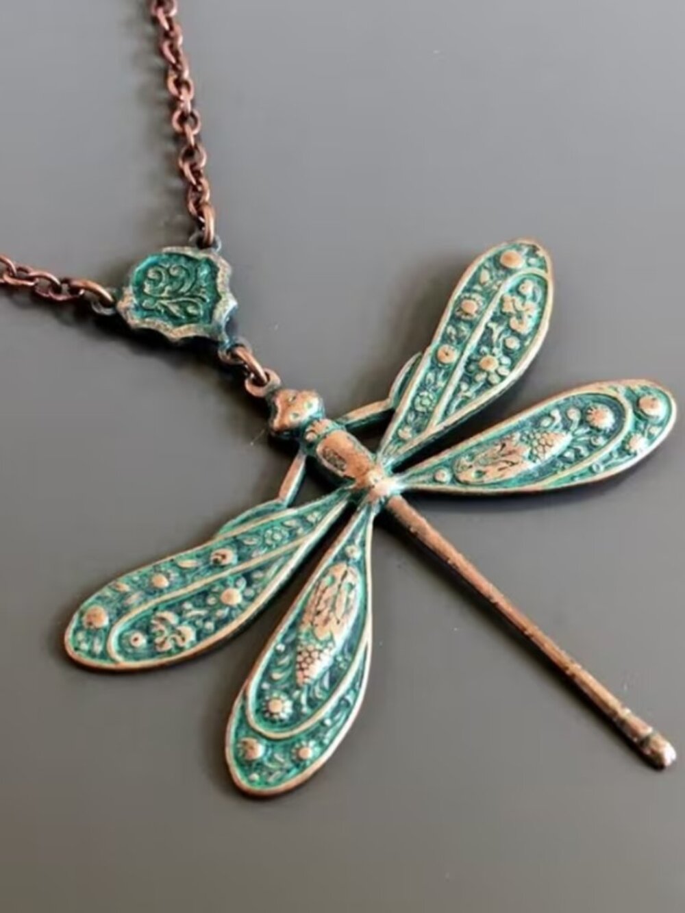 Dragonfly Necklace Aged Copper Verdigris Patina